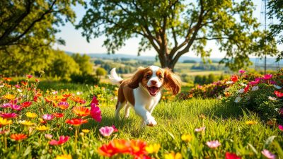 Anjing Cavalier bermain di taman Anjing Cavalier bermain di taman